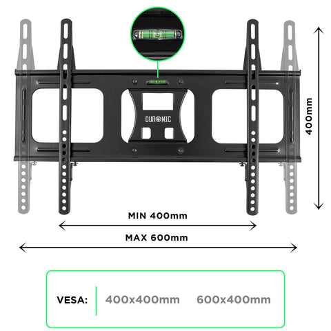 Duronic TVB109M TV Bracket with built-in bubble level, showing adjustable VESA dimensions up to 600x400mm.