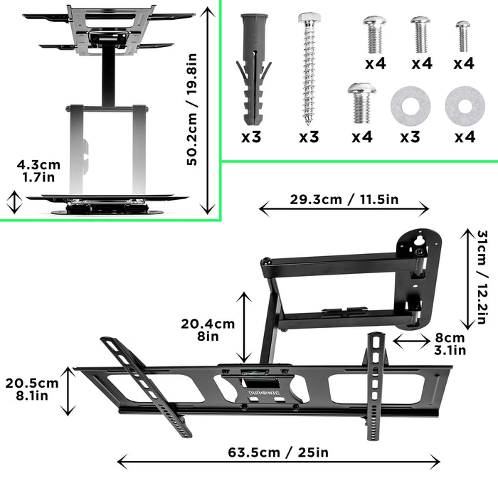 Duronic TVB109M TV Bracket with dimensions and included hardware pieces.