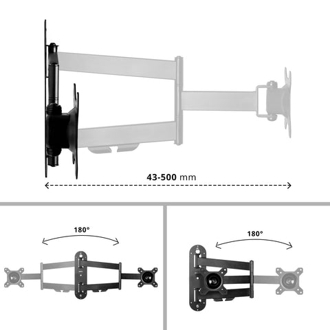 Duronic TV Bracket Wall Mount showing extension from 43 to 500 mm and 180-degree swivel.