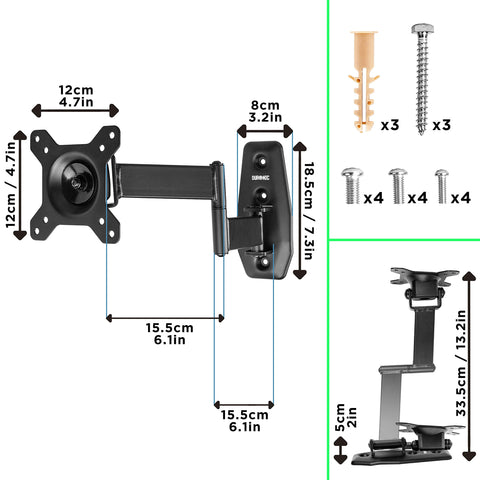Duronic TV Bracket diagram for an adjustable articulating TV monitor wall mount with dimensions and hardware.