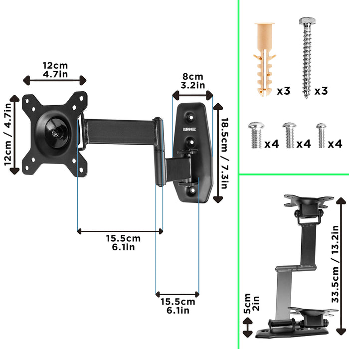 Duronic TV Bracket diagram for an adjustable articulating TV monitor wall mount with dimensions and hardware.