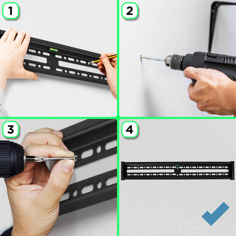 Duronic TV Bracket showing how to level, drill, and screw a black metal TV wall mount.