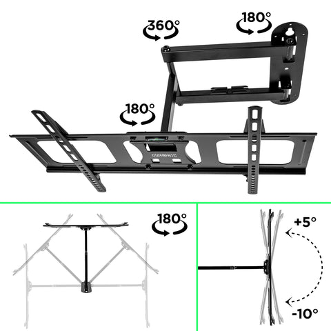 Duronic TV Bracket showing swivel, rotation, and tilt degree specifications.