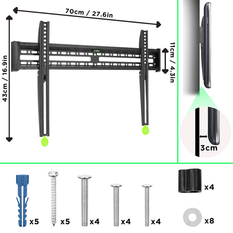 Duronic TV Bracket with hardware kit, including screws, anchors, spacers, and washers.