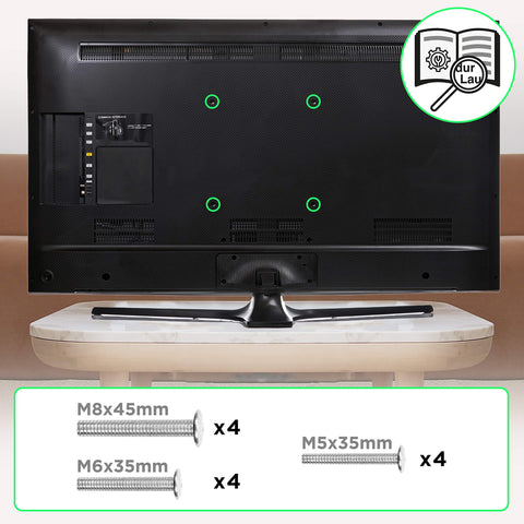 Duronic TV Bracket with labeled M5, M6, and M8 screw hardware.
