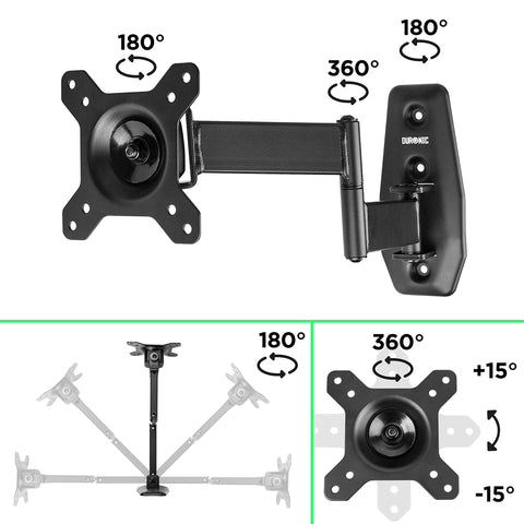 Duronic TV Bracket with showing 180 degree swivel, 360 degree rotation, and tilt.