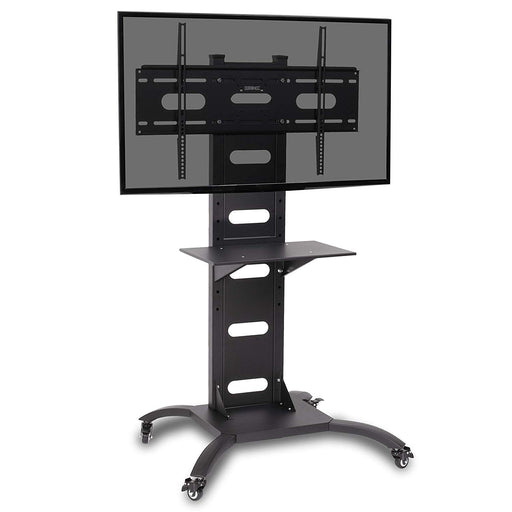 Duronic TV Mount Stand Bracket with adjustable shelf and lockable wheels holding a flat-screen display.