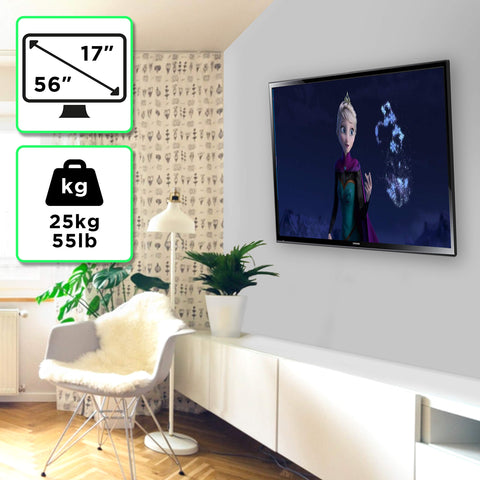 Duronic TV Wall Bracket Mount displaying TV mount compatibility for 17-56 inch screens and 25kg/55lbs weight.