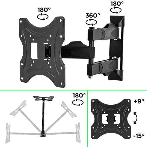 Duronic TV Wall Bracket Mount showing extension, swivel, and tilt angle degrees.