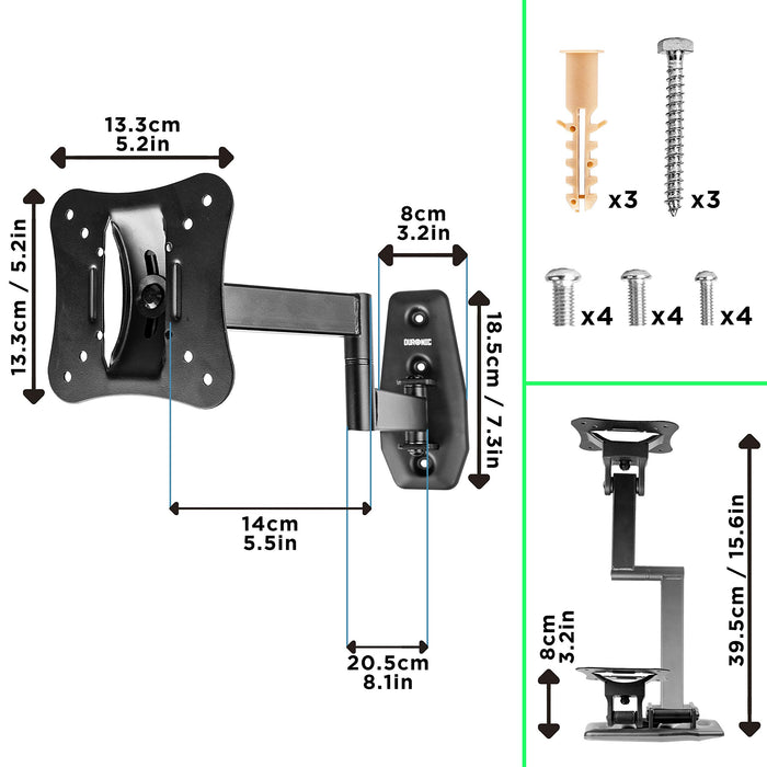 Duronic TV Wall Bracket Mount with dimensions and installation hardware including screws and anchors.