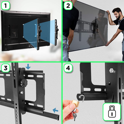 Duronic TV Wall Bracket manual for installing a secure TV wall mount with a locking security bar.