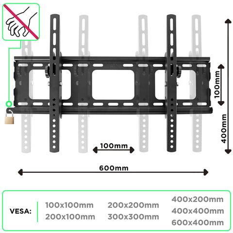 Duronic TV Wall Bracket showing dimensions and a list of compatible VESA patterns.