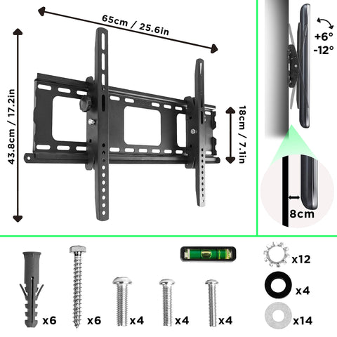 Duronic TV Wall Bracket with dimensions, tilt options, and included installation hardware kit.