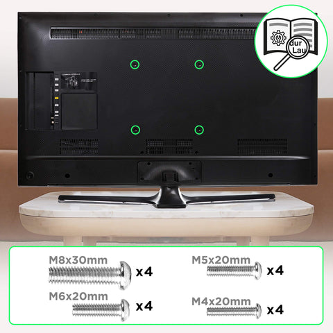Duronic TV Wall Mount Bracket mounting holes with M8, M6, M5, and M4 screw sizes.