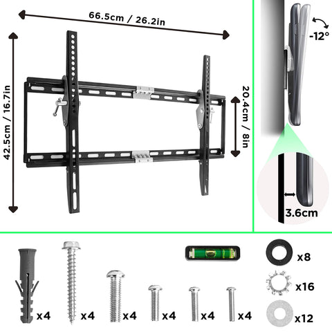 Duronic TV Wall Mount Bracket with precise dimensions, installation hardware, and integrated bubble level.