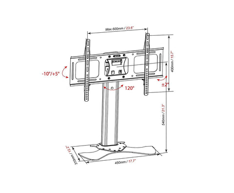 Duronic TV Wall Mount Stand showing dimensions and adjustments of a swiveling table-top TV stand mount