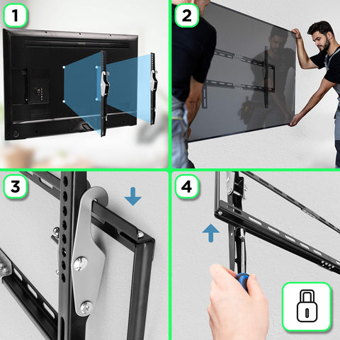 Duronic TV Wall Mount showing how to attach brackets, mount, and lock a TV onto a wall.