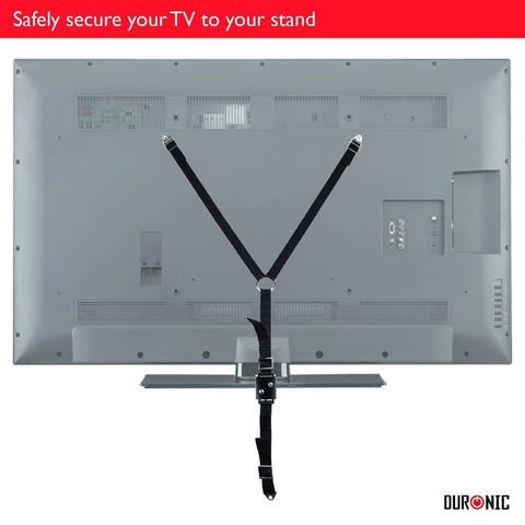 Duronic TV stand safety strap anchored to VESA mounts, preventing television falls from furniture stands.