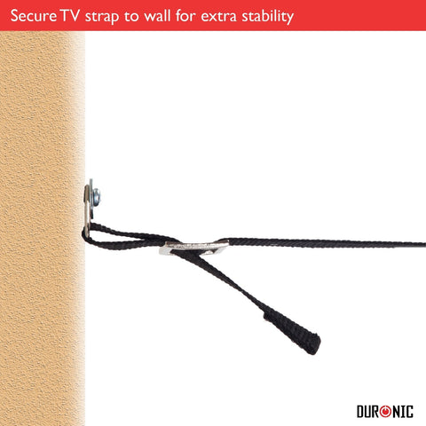 Duronic TV stand safety strap safety strap secured to a wall with a metal bracket for TV stability.