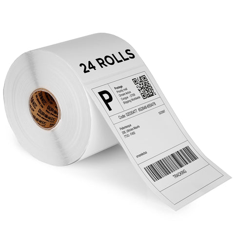 Duronic Thermal Labels featuring a printed "24 ROLLS" text and a sample postage label with barcodes and a QR code.