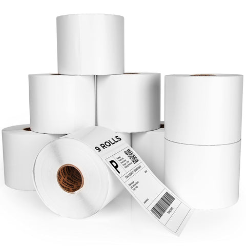 Duronic Thermal Labels featuring a printed "9 ROLLS" text and a sample postage label with barcodes and a QR code.
