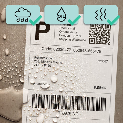 Duronic Thermal Labels featuring icons for rain, oil, and scratch resistance.