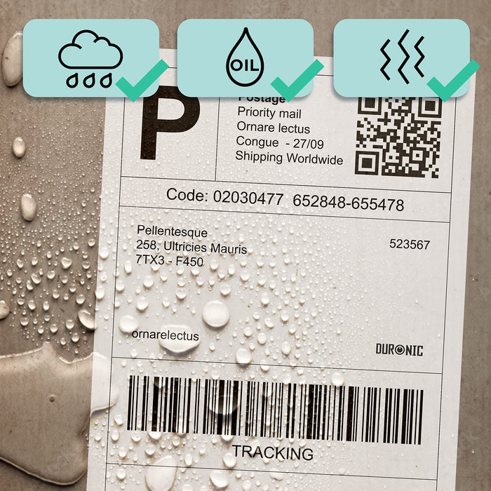 Duronic Thermal Labels showing water droplets on top.