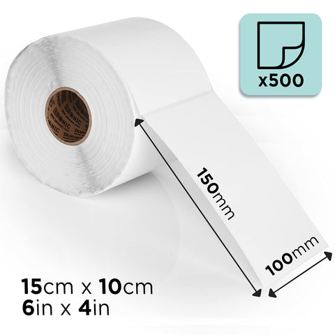 Duronic Thermal Labels with a roll of 500 white thermal shipping labels measuring 150mm by 100mm