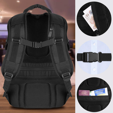 Duronic Travel Cabin Bags showcasing anti-theft pockets, chest strap, and luggage sleeve.