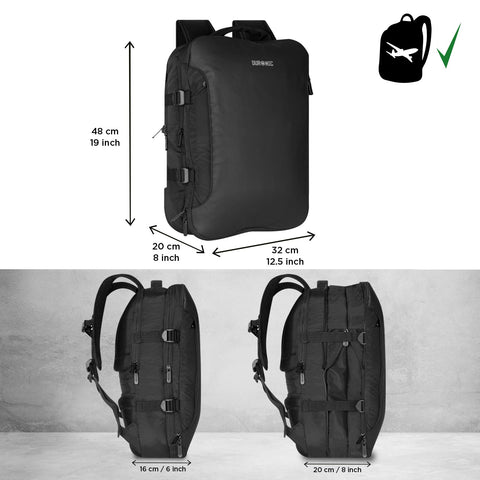Duronic Travel Cabin Bags showing dimensions 48x32x20 cm and its expandable depth feature.