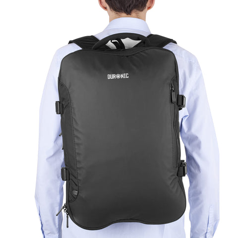 Duronic Travel Cabin Bags with compression straps on a light blue shirt.