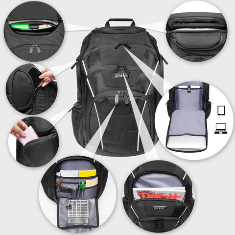 Duronic Travel Laptop Backpack displaying various storage pockets for laptops, tech, and stationery.