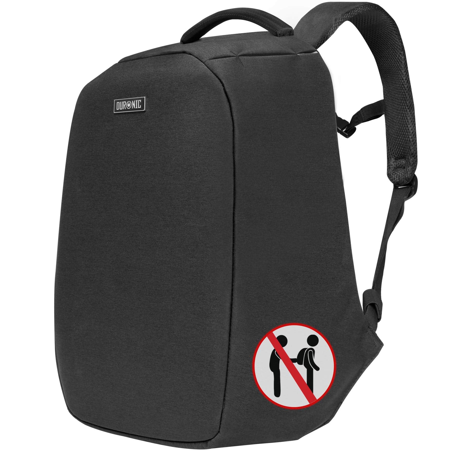 Duronic Travel Laptop Backpack featuring a sleek, minimalist design and an integrated pickpocket prevention icon.