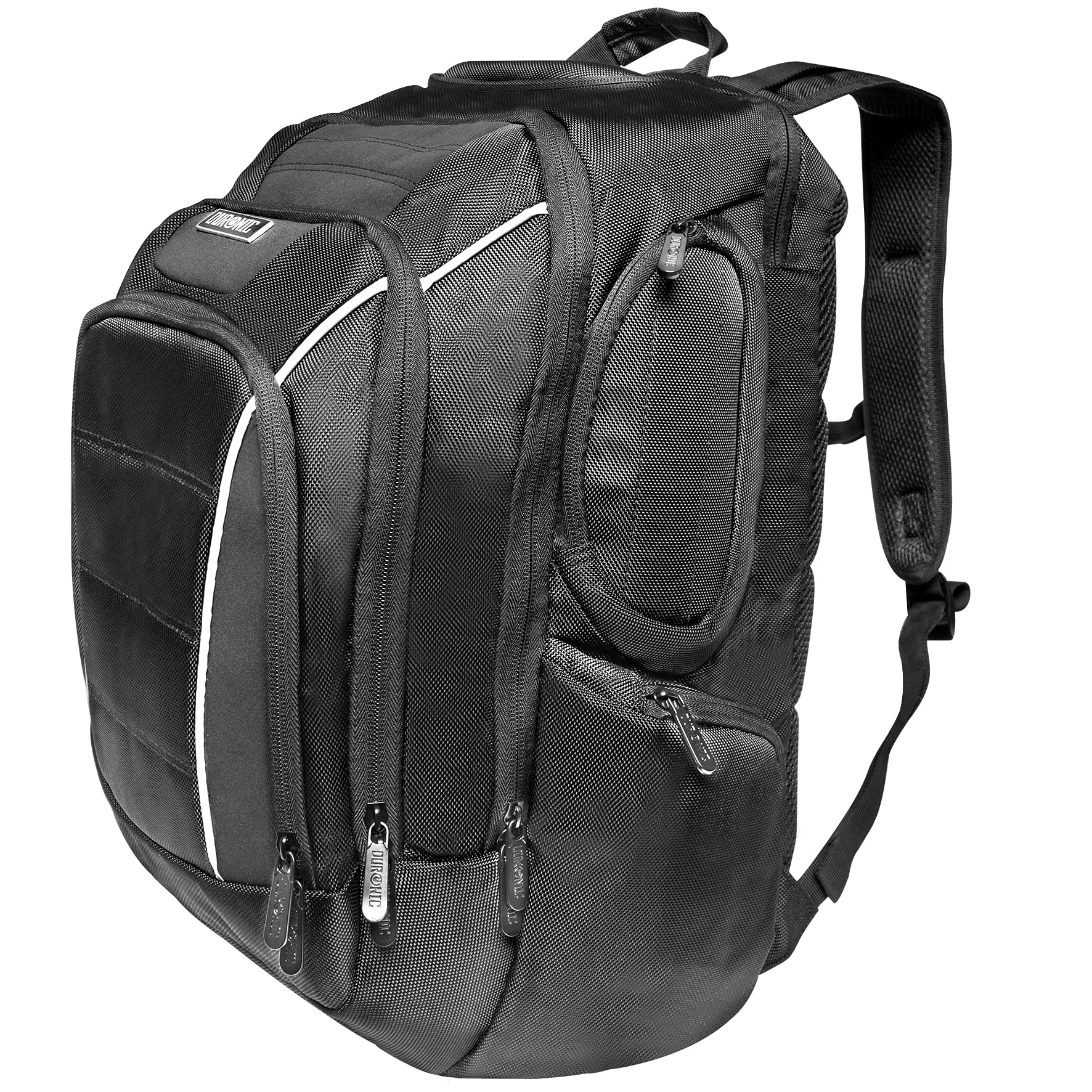 Duronic Travel Laptop Backpack featuring multiple zippered compartments, padded shoulder straps, and white reflective trim.