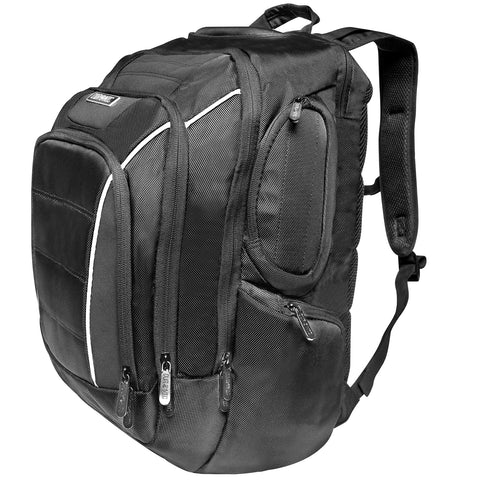 Duronic Travel Laptop Backpack featuring multiple zippered compartments, padded shoulder straps, and white reflective trim.