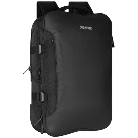 Duronic Travel Laptop Backpack featuring side compression straps, top handle, and multiple zipper compartments.