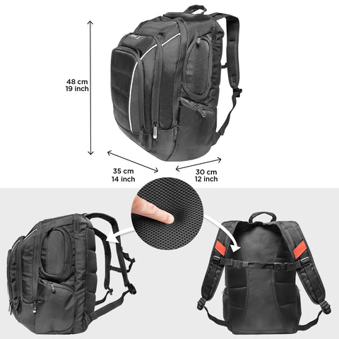 Duronic Travel Laptop Backpack showing 48x35x30 cm dimensions, side view, and padded shoulder straps.