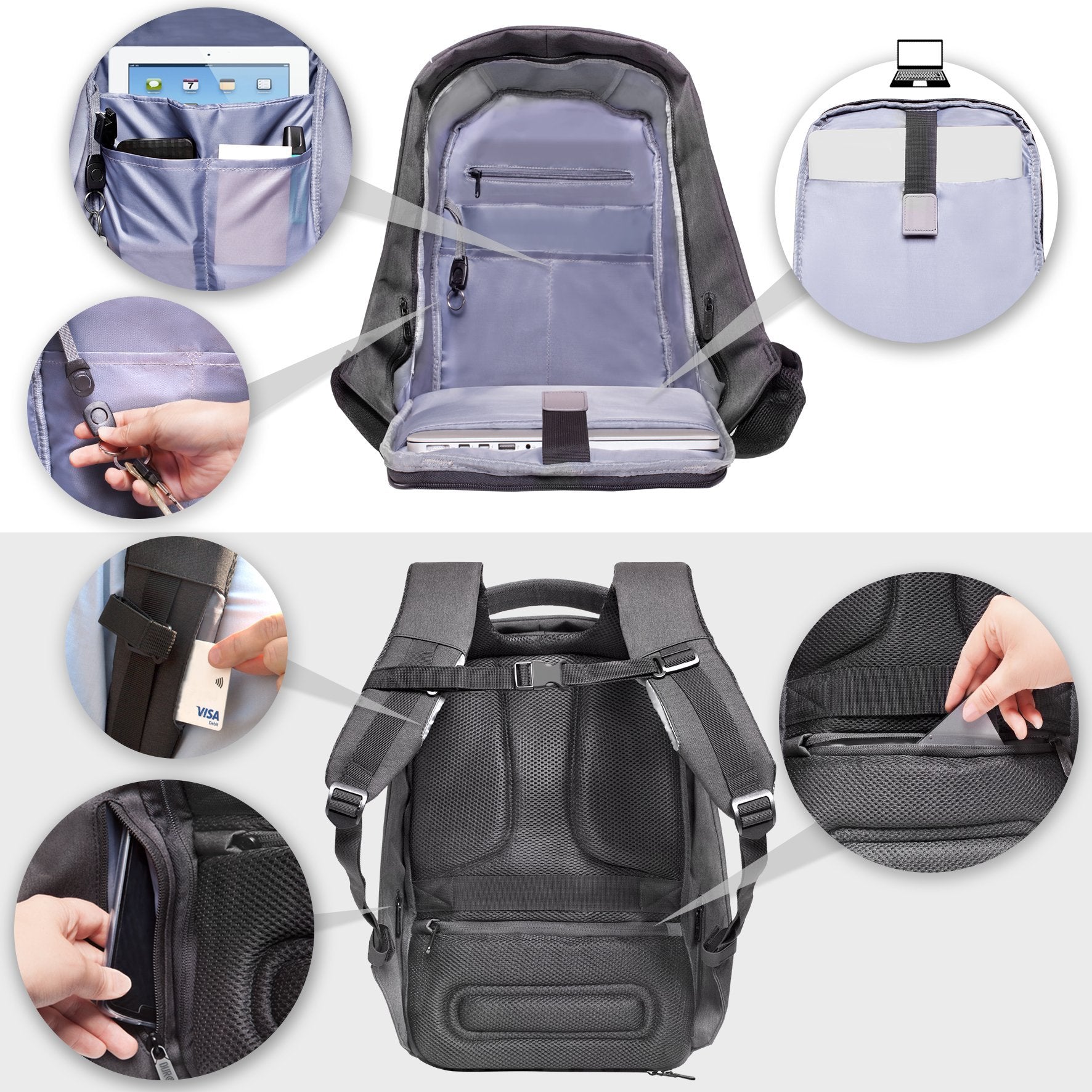 Duronic Travel Laptop Backpack showing detailed interior storage compartments and hidden exterior security pockets.