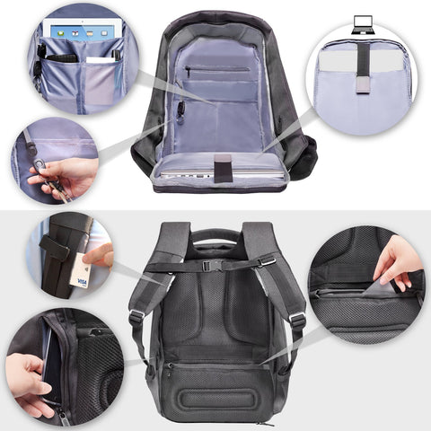 Duronic Travel Laptop Backpack showing detailed interior storage compartments and hidden exterior security pockets.