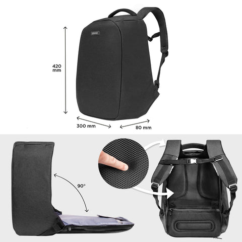 Duronic Travel Laptop Backpack showing its dimensions, 90-degree opening design, and breathable padded back support straps.