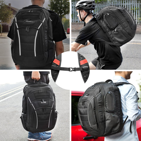 Duronic Travel Laptop Backpack shown being worn, carried by hand, and featuring an adjustable sternum strap.