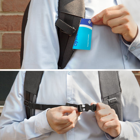 Duronic Travel Laptop Backpack using a backpack strap card slot and buckling the chest strap.