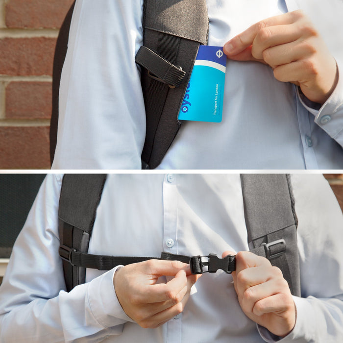 Duronic Travel Laptop Backpack using a backpack strap card slot and buckling the chest strap.