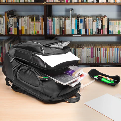 Duronic Travel Laptop Backpack with books, papers, and a calculator on a desk near a bookshelf.