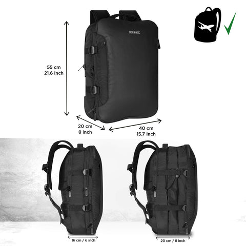 Duronic Travel Laptop Backpack with flight-approved dimensions displayed in centimeters and inches for Shopify.