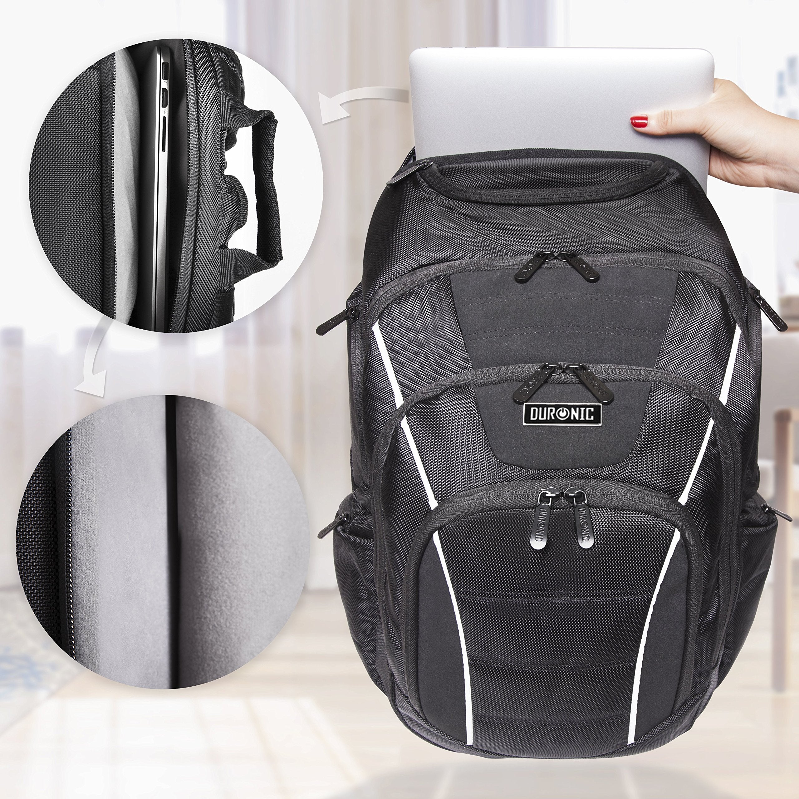 Duronic Travel Laptop Backpack with multiple zippered compartments and thick protective padding for a laptop.