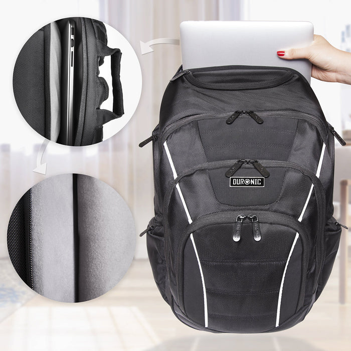 Duronic Travel Laptop Backpack with multiple zippered compartments and thick protective padding for a laptop.