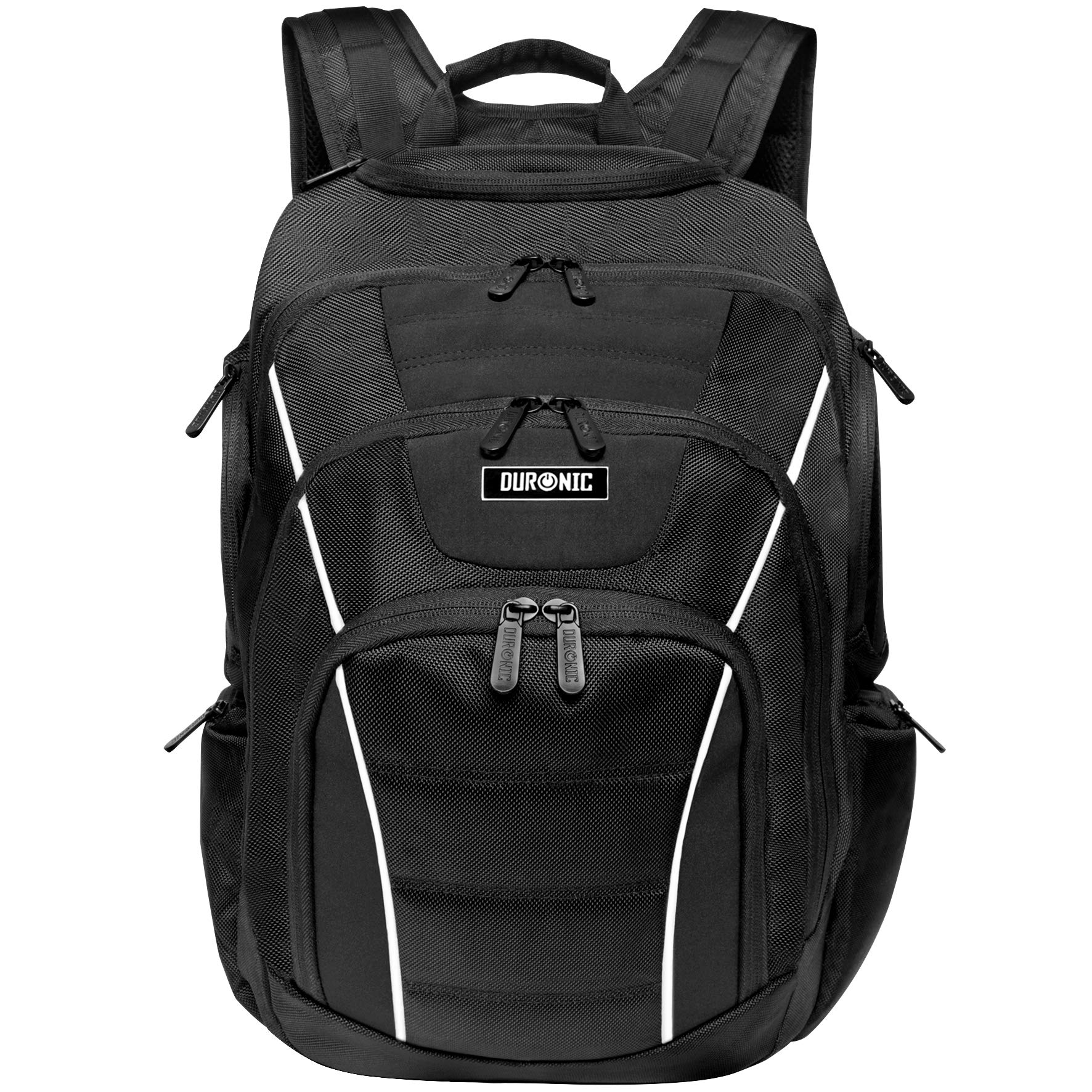Duronic Travel Laptop Backpack with multiple zippered compartments and white reflective striping for daily commuting.