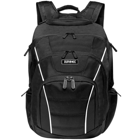 Duronic Travel Laptop Backpack with multiple zippered compartments and white reflective striping for daily commuting.