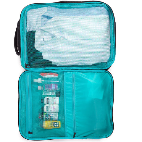 Duronic Travel Laptop Backpack with teal lining, packed with clothes and small toiletries.